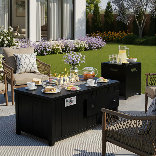 KOL 50,000 BTU Propane Fire Pit Table with Cabinet-39.5in Black Gas Fireplace with Glass Wind Guard & Lid, Outdoor Rectangular Cold Rolled Plate Plastic Spraying Firepits for Patio, Backyard, Balcony