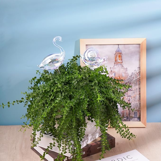 NiHome Glass Plant Self Watering Bulbs 3-Pack Iridescent Pearl Home Potted Planter Watering Bulbs Insert Decorative Devices Vacation Automatic Watering Spikes Indoor and Outdoor (Swan, Snail & Bird)