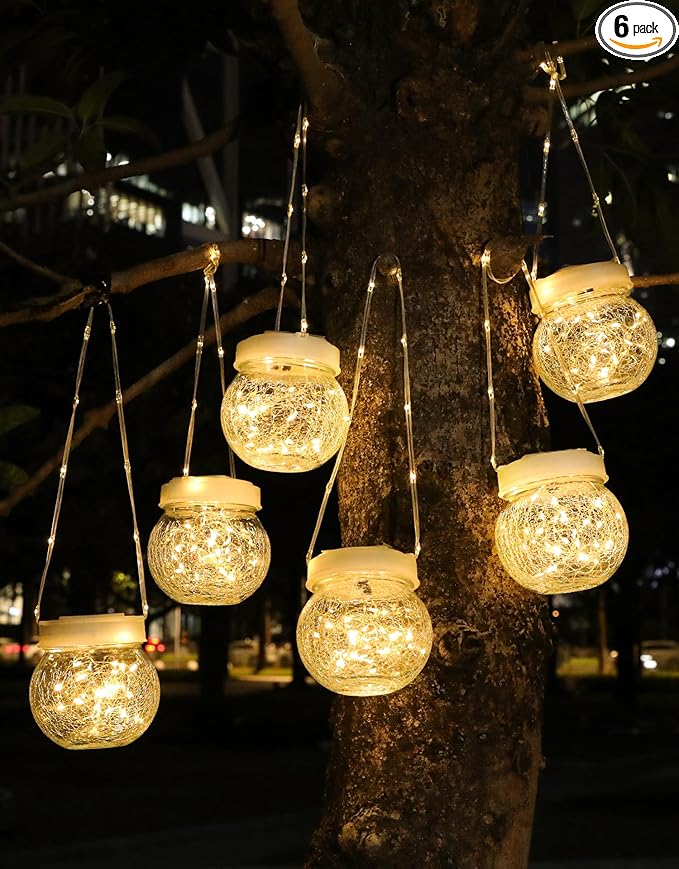 Solar Lantern Solar Lights Outdoor Waterproof 6-Pack, Solar Powered Hanging Lights Cracked Glass Hanging Globes for Christmas Decoration, Shepherd Hook, Garden Tree Ornaments, White Cap, Warm White