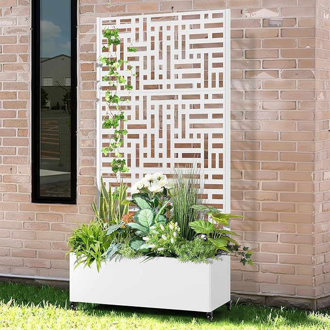 Raised Garden Bed with Trellis and Wheels,73"x35"x16" Metal Raised Garden Bed,White Modern Metal Planter with Climbing Trellis for Vines & Vegetables