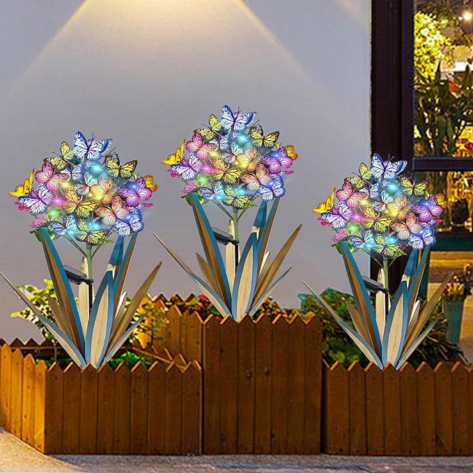 Homight Solar Metal Agave Butterfly Flower Stick Garden Sculpture Outdoor Gift Solar Garden Christmas Lights Swaying Butterfly Sunflower Garden Lights Solar Outdoor (3 PCS Blue)