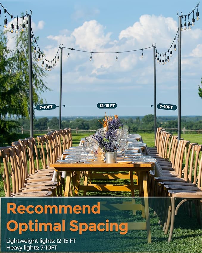 LAND·VOI Metal String Light Poles for Outside Hanging - Backyard, Garden, Patio, 1 Pack Lighting Stand with Adjustable Height for Outdoor Parties, Wedding, Extra-Long 5-Prong Claws, (9.6FT) FLP01B