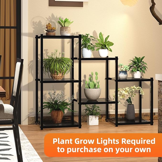 Simple Trending Plant Stand Indoor Outdoor, Heavy Duty Metal Waterproof 7 Tiered Plant Shelf for Multiple Flower Planter Holder Tall Large Rack, Black