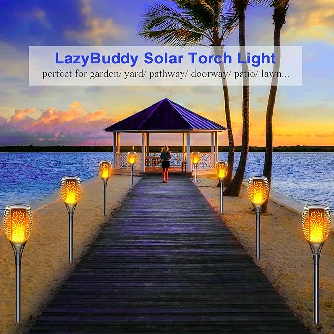 Solar Torch Lights Outdoor, Realistic Flickering Flame Solar Tiki Torches, 3-in-1 Fire Effect Hanging Lanterns with Detachable Hook, Auto On/Off for Garden, Pathway Lighting (4 Pack)