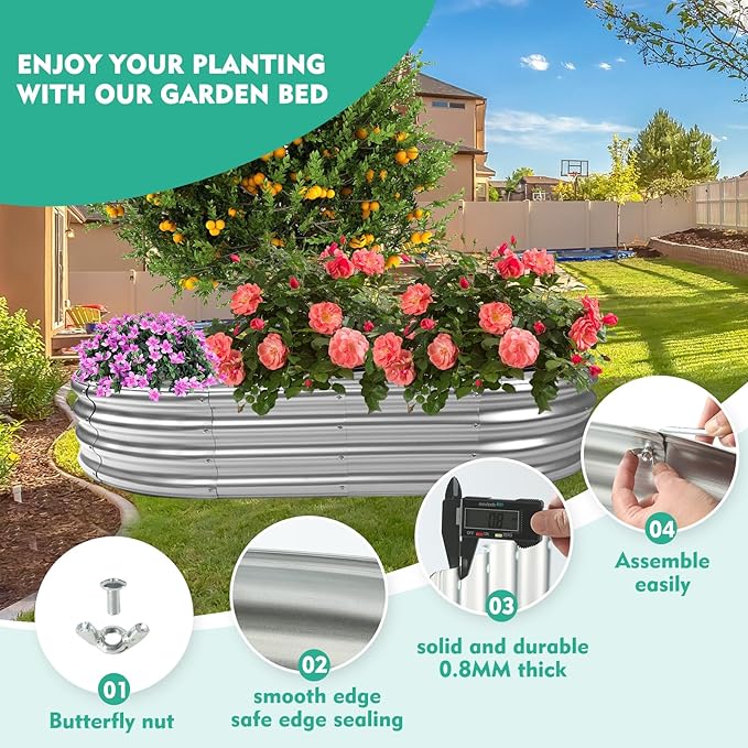 72X36X12 Inches Oval Galvanized Metal Garden Raised Bed/Plant Box for Planting,36 Inches Diameter Metal Fire Pit Ring,Small Animal Fence-3 in 1 Modular Design in Silver (6X3X1 FT, Oval)