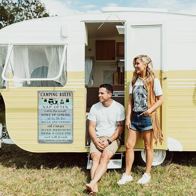 Camping Decor For Camper Camping Rules Sign Metal Tin Signs Lake Camper Door Decorations For Inside Funny Camping Themed Decor Rv Wall Art Decor Cabin Sign 12 X 8 Inch