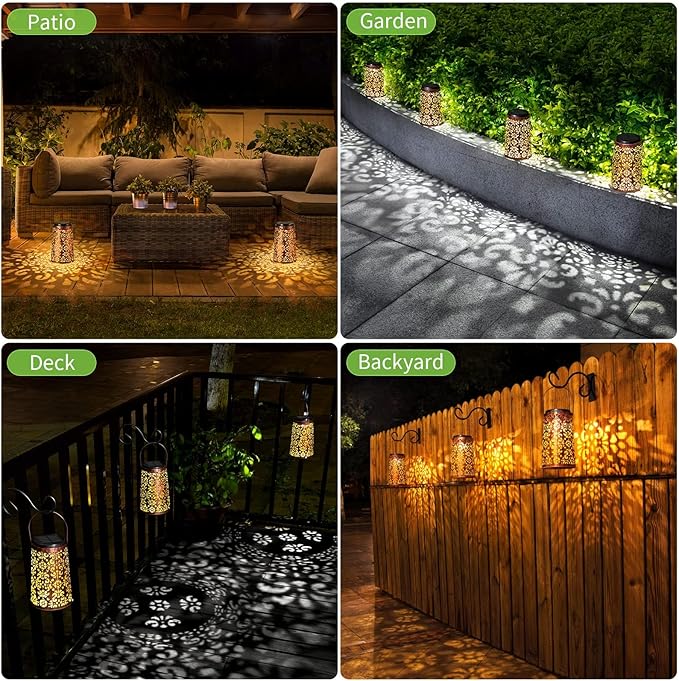 Outdoor Solar Lanterns - Hanging Solar Lights Halloween Lights Metal Lantern Decorative for Patio Garden Yard Backyard Table Tree Outside Lighting Cool/ Warm Light (6 Pack