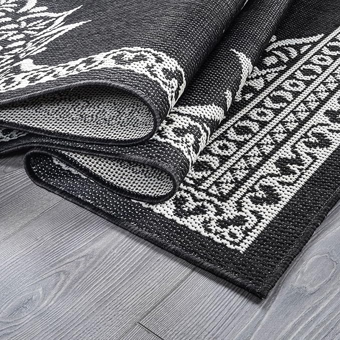 CAMILSON Outdoor Rug, 8x10 Medallion Black White Modern Area Rugs for Indoor and Outdoor Patios, Kitchen and Hallway Mats, Washable Porch Deck Outside Carpet (Medallion Black, 8 x 10)