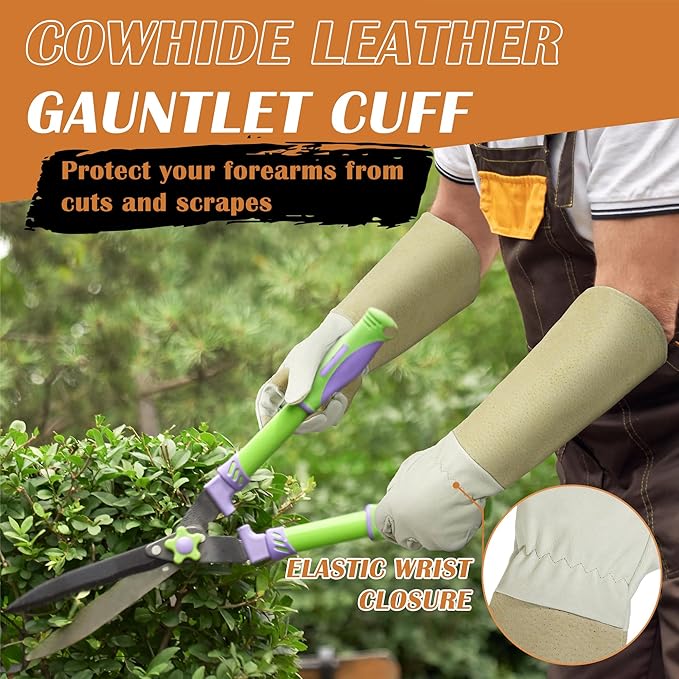 HANDLANDY Pruning Gloves Long for Men & Women, Pigskin Leather Rose Gardening Gloves- Breathable & Durability Gauntlet Glove (Small, Beige)