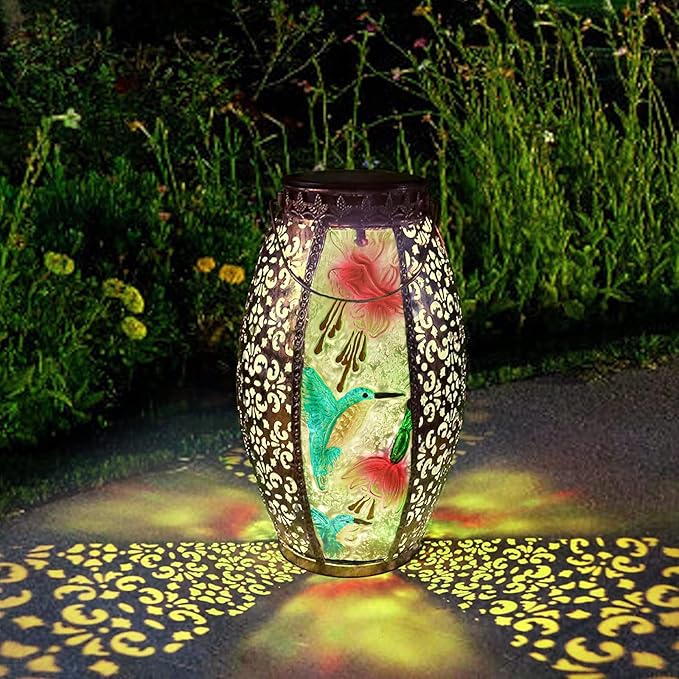 Solar Lanterns Outdoor Hanging Light - Solar Powered Hummingbird Glass LED Lights Decorative Waterproof Tabletop Lamp with Hollowed-Out Design for Indoor Yard Table Patio Garden Pathway Holiday
