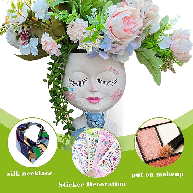 Face Plant Pots Head Planters - Face Flower Pot Head Planter with Cat, Succulent Pots with Drainage Hole, Resin Lady Planter for Indoor Outdoor, Home Decor, Mother's Day/Women Gifts