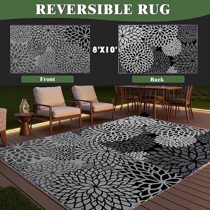 Outdoor Rug 8x10 ft with LED Light, Waterproof Reversible Outdoor Plastic Straw Rug for Patios Clearance, Large Outdoor Area Rug Carpet RV Mat for Camping Backyard Deck Porch Beach