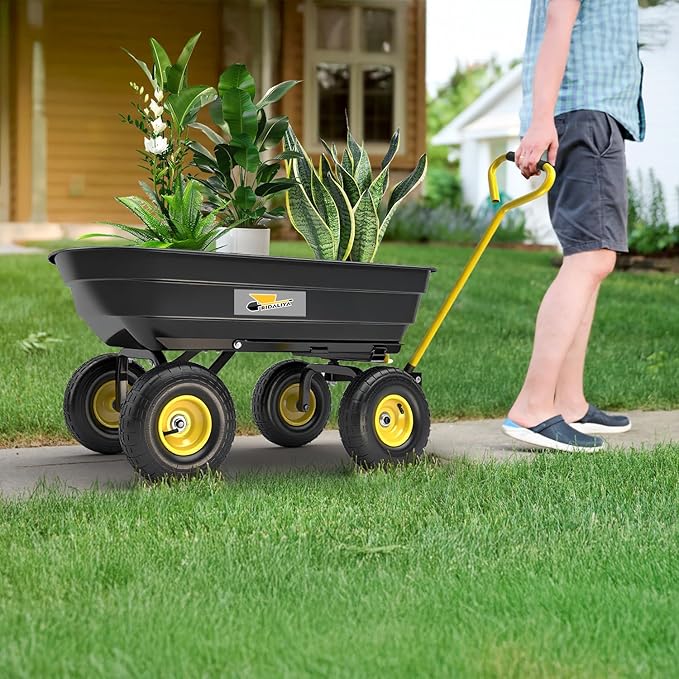 Garden Dump Cart, Heavy-Duty Utility Wagon with 600 lb Capacity, 4 Cu Ft Bed, 10" Pneumatic Tires, 180° Pivot Steering for Yard, Lawn, and Beach Use