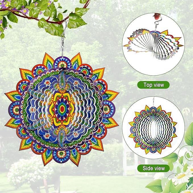 Mandala Wind Spinners, 3D Metal Wind Spinners Outdoor for Yard and Garden,12inch Stainless Steel Hanging Wind Spinners, Kinetic Yard Art Garden Decor Ornament Gifts