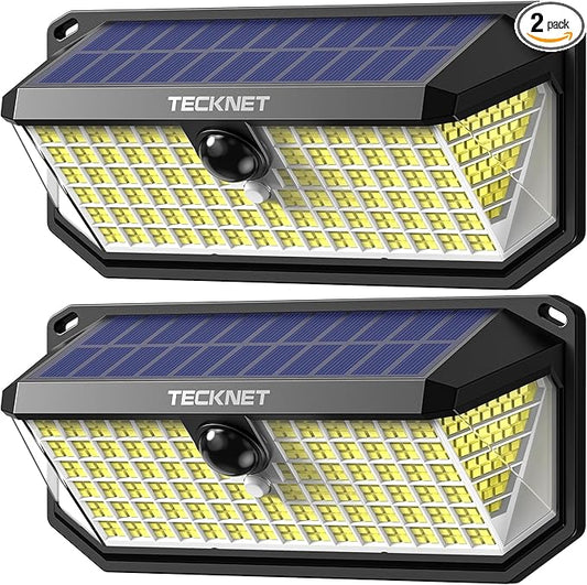 TECKNET 416 LED Solar Lights Outdoor Waterproof, 300° Angle & 3 Lighting Modes Motion Sensor Outdoor Lights, 2 Pack Security Solar Flood Lights IP66 for Fence Front Door Yard Deck Garden Garage