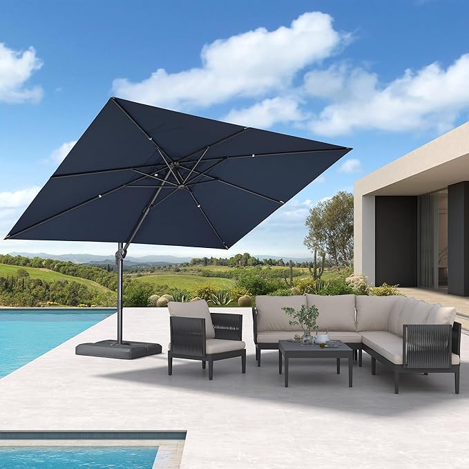 PURPLE LEAF 9' X 11.5' Rectangle Patio Umbrella Outdoor Large Aluminum Cantilever Umbrella with 3-Year Fade Resistance Recycled Fabric and 360-degree Rotation for Deck Pool Garden, Ocean Slate