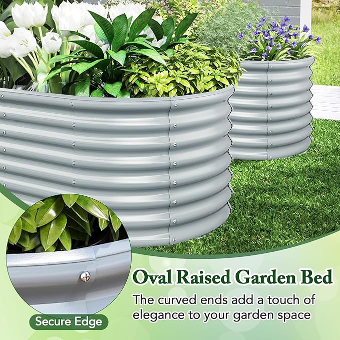 Giantex 5x3x2ft Raised Garden Bed, Large Metal Elevated Oval Planter Bed, 193 Gallon Capacity, Outdoor Planting Garden Box for Vegetable Flower Herb Grow (Grey)