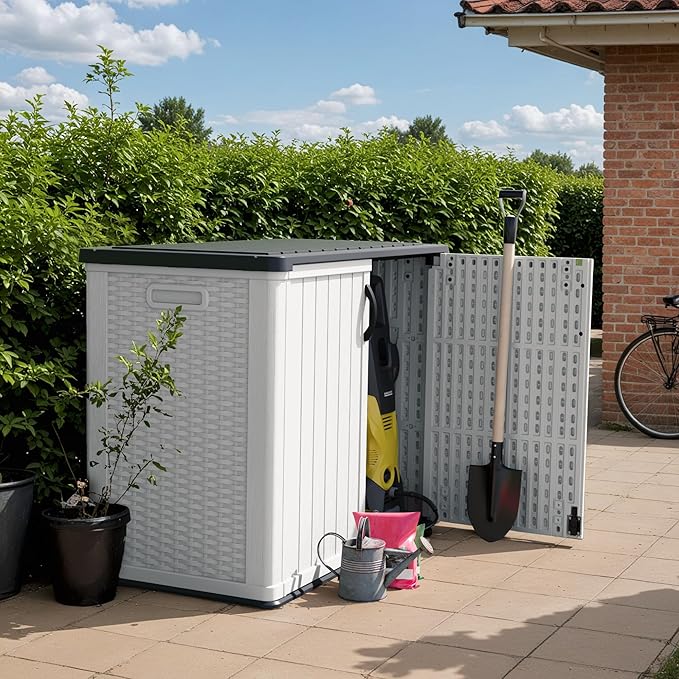 Devoko Outdoor Storage Cabinet 26 Cu Ft with Lockable Doors, Horizontal Storage Shed Waterproof Patio Tools Storage Box for Sofa Cushions, Gardening Tools and Accessories (White)