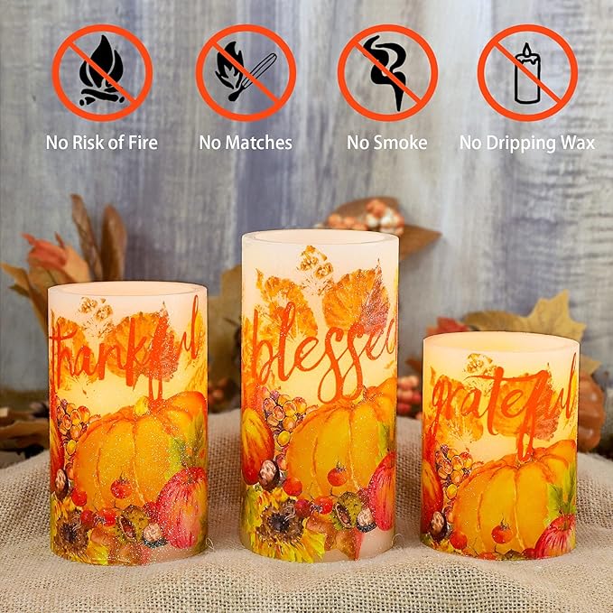 Thanksgiving Blessings LED Candles Pumpkin Glitter Desgin Real Wax Flickering Flameless Fall Harvest Battery Operated with Remote Timer 6H for House Warming Gifts New Home Table Tary Decor
