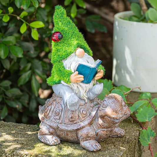 Garden Gnome Sitting on Turtle Outdoor Statues and Sculpture with Solar Lights, Garden Gnome Solar Statues and Turtle Figurines for Patio Yard Lawn Porch Decorations