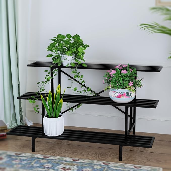 Zhongma 3 Tier Sturdy Metal Plant Stand, L45.67 x W26 x H23.6 inch, Heavy Duty Plant Holder for Home Indoor and Outdoor, 660 LBS Capacity & Heavy Duty Construction