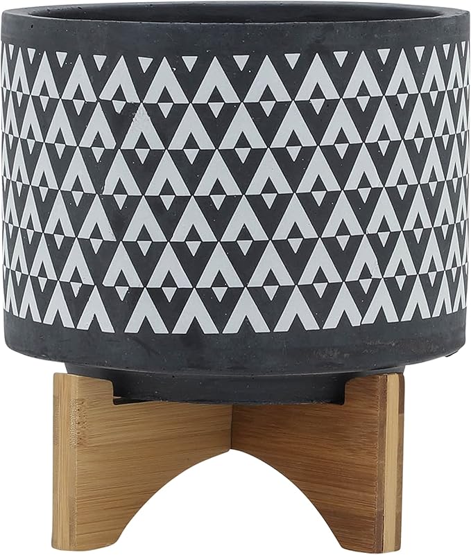 Sagebook Home 9" H 8" Diameter Dark Gray and Ivory Aztec Design Ceramic Planter with Solid Rubberwood Stand for Living Room, Bedroom, or Office