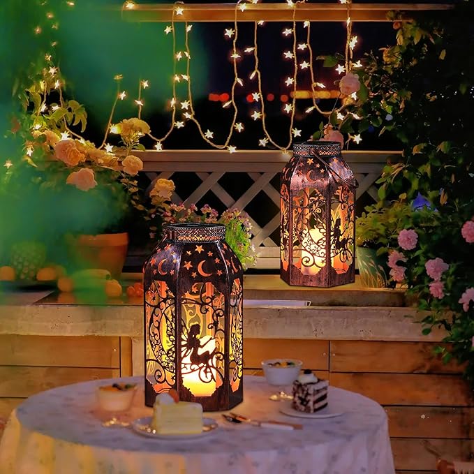 Solar Lanterns Outdoor Garden Hanging Lantern Waterproof LED Metal Bronze Moon Fairy Lantern Waterproof Flickering Flameless Candle Mission Lights for Table,Patio,Mother's Day Gift(2Pack)