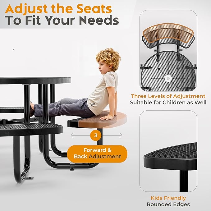 Metal Picnic Tables for Outdoors with Umbrella Hole - Coated Steel Heavy Duty Commercial Grade Table with Adjustable Seats (Black, 38 in, Round, Expanded Steel)