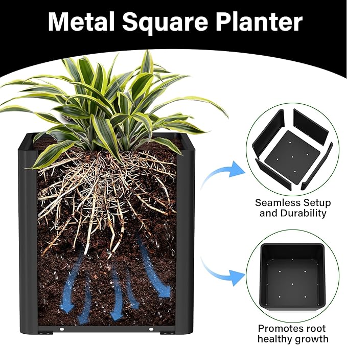 Large Metal Square Planter 26" L x 26" W x 26" H, Heavy Duty Black Large Outdoor Planters with Drainage Hole for Porch/Patio/Garden