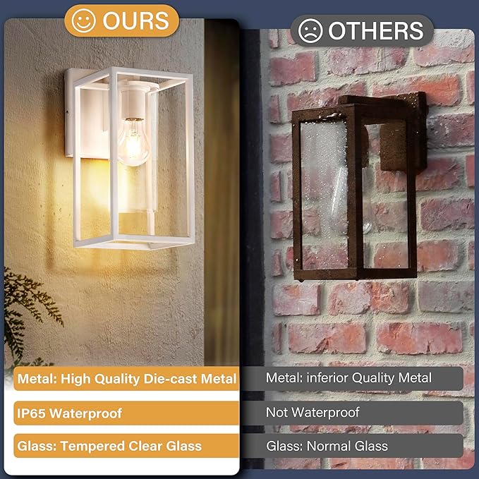 Pia Ricco Outdoor Wall Lights, Outdoor Wall Lantern with Circular Clear Glass Shade, Waterproof Exterior Lighting Fixtures, Modern Front Porch Lighting for House, Garage, E26 Base, ETL Listed, White