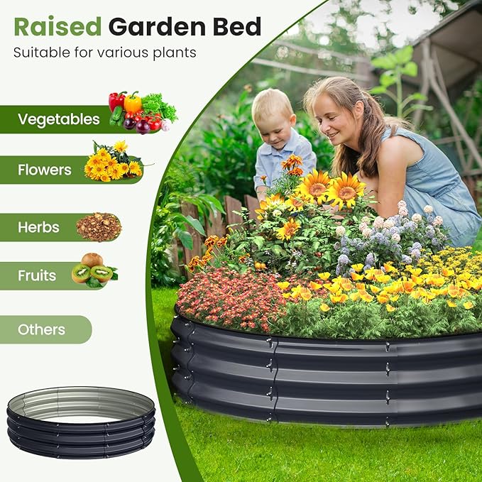 Round 4x4x1 FT Galvanized Raised Garden Bed Kit, Large Metal Planter Box for Outdoor Gardening, Garden Bed for Vegetables Flower Herb(Midnight Gray)
