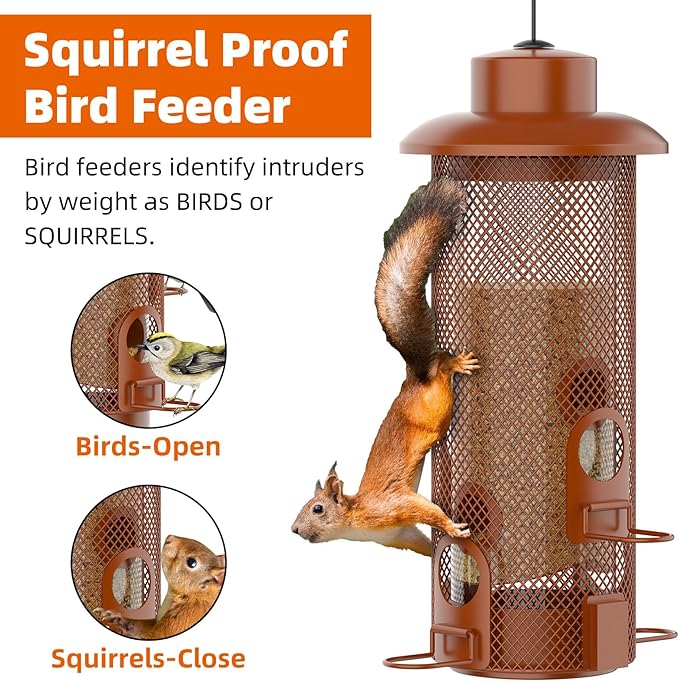 Metal Squirrel Proof Bird Feeder,Bird Feeders for Outdoors,Weight Activated Squirrel Proof Wild Bird Feeders with Finch Cardinal Chickadee,Large Capacity,Weatherproof and Durable,Reddish Brown