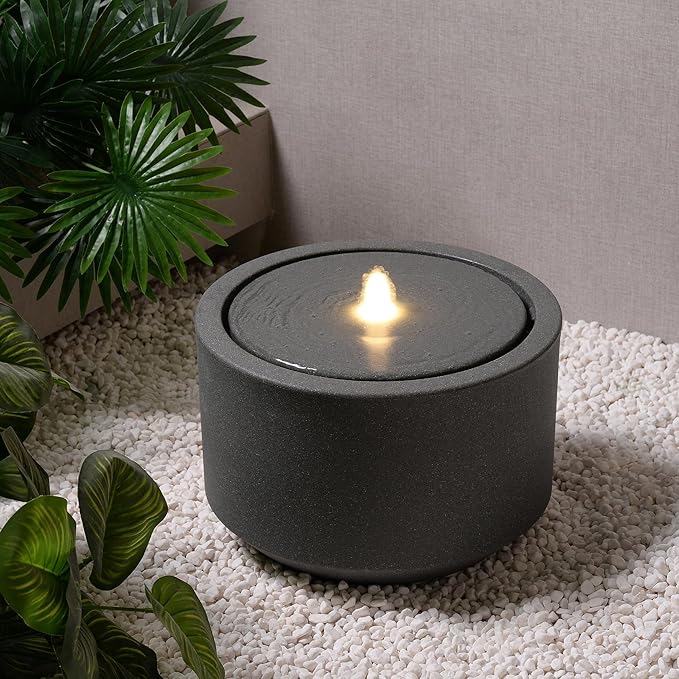 10.23” H Outdoor Water Fountain Made with Eco-Friendly Recyclable Materials, Polyethylene Round Bubbler Outdoor Fountain, Garden Decor with LED Light for Patio, Porch, Backyard