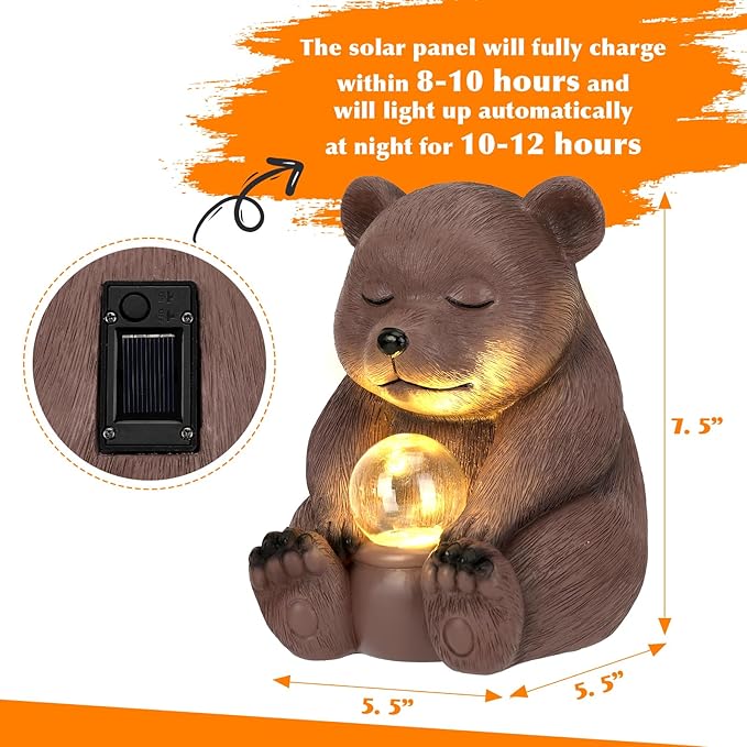 Solar Bear Statue for Outdoor, Garden Decor with Strong Lighting for Yard Art Lawn Ornaments Porch Patio Balcony Home House - Holiday Gifts for Family and Friends
