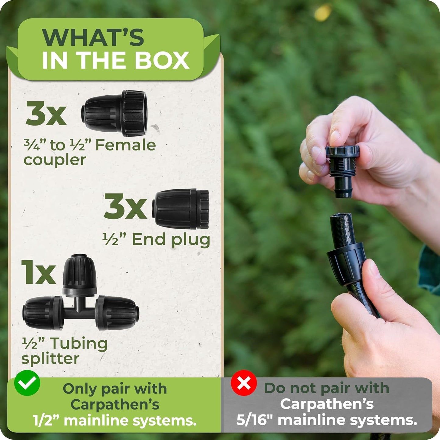 Carpathen Drip Irrigation Fittings Pack - for Push-to-Connect Irrigation System - 3 x 3/4" to 1/2" Irrigation Tubing Faucet Adapter, 1 x 3Way Tee T Shape Barbed 1/2 Tubing Splitter, 3 x 1/2 End Plugs