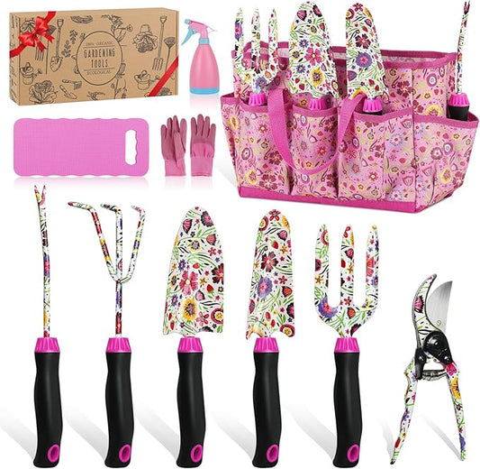 Gardening Tools Set, 10 PCS Stainless Steel Heavy-Duty with Non-slip Soft Rubber Handle with Large Garden Bag, Floral Pattern Gardening Tool Set Gifts for Women Birthday Mother's Day, Pink