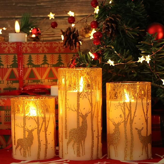 Christmas Deer Flameless Candles with Remote Timer, Glass Battery Operated Pillar Candles with Gold Elk Decor, LED Flickering Candles with 3D Wick and Real Wax for Winter Christmas Home Decor