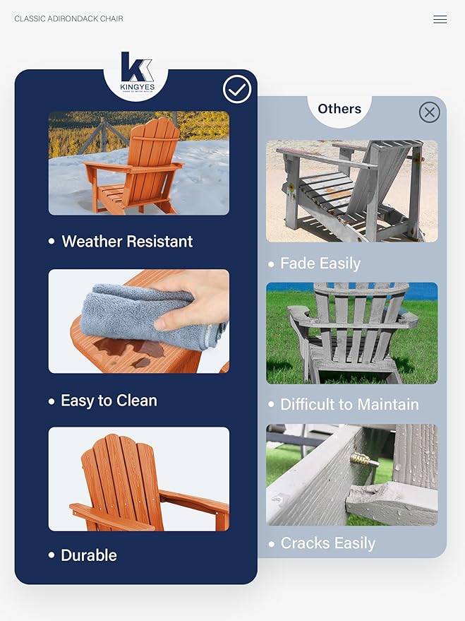 KINGYES HDPE Adirondack Chair Chair Set of 6, Classic All-Weather Adirondack Chair, Orange