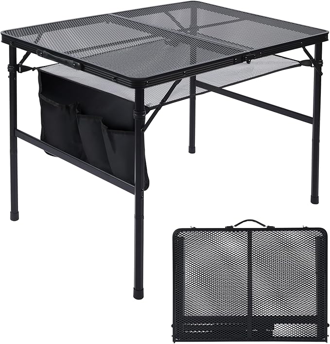Folding Grill Table, 3x2 FT Portable Camping Table, Height Adjustable Metal Tables with Mesh Desktop and Mesh Bag, Outdoor Furniture for Camping, Picnic, Beach and BBQ, Black