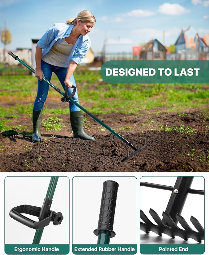 Garden Rake, 17'' Thatch Rake Heavy Duty with 63'' Long Back-Saving Adjustable Handle, Heavy Duty Metal Garden Tool for Loosening Leveling Soil, Gathering Leaves Grass, Weeding