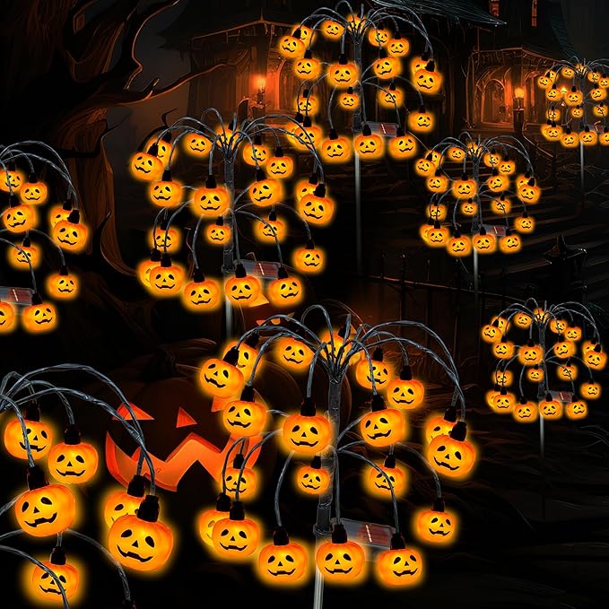 Halloween Decorations, 4 Pack 80LED Solar Halloween Pumpkin Lights Outdoor Waterproof Halloween Solar Garden Lights Swaying Firefly Lights for Yard Garden Patio Party Decor Orange