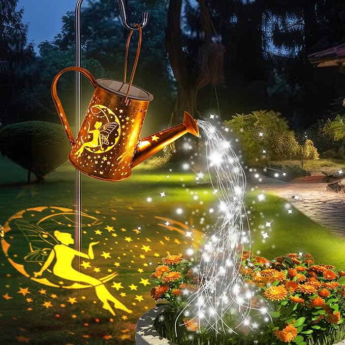 Big Solar Powered Watering Can Lantern & Moon Fairy Garden Decor Set Outdoor Waterproof Hanging Path Lights with Shepherd Hooks, Perfect Patio Decor Gardening Gift for Women, Mom, Grandma (Cool White)