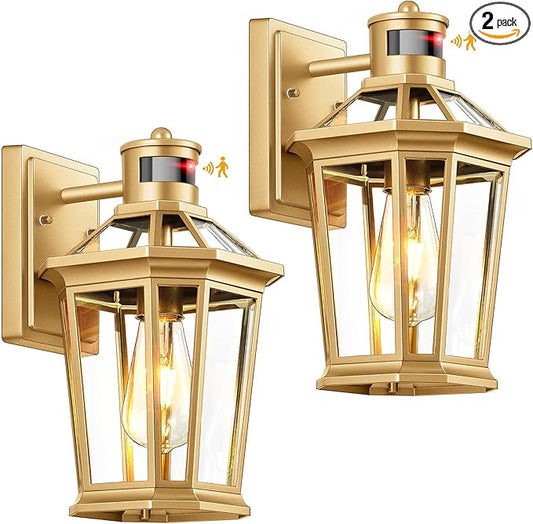 VIANIS Outdoor Wall Lights Lantern, 2 Pack Gold Motion Sensor Proch Light, Dusk to Dawn Weather Resistant Exterior Lights for House Sconce, Waterproof Garage Lights with Clear Glass Shade