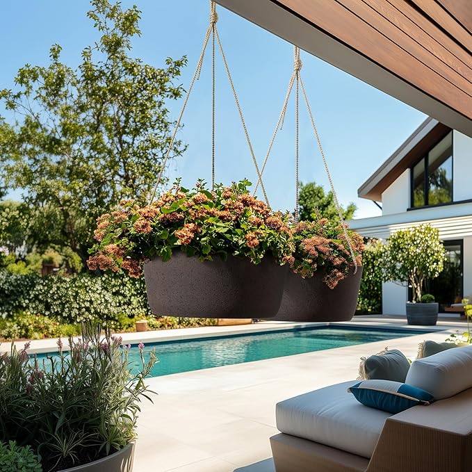 La Jolie Maison Large Hanging Planters - 12 Inch Outdoor Flower Pots, Hanging Garden Planters Set of 2, Iron Color