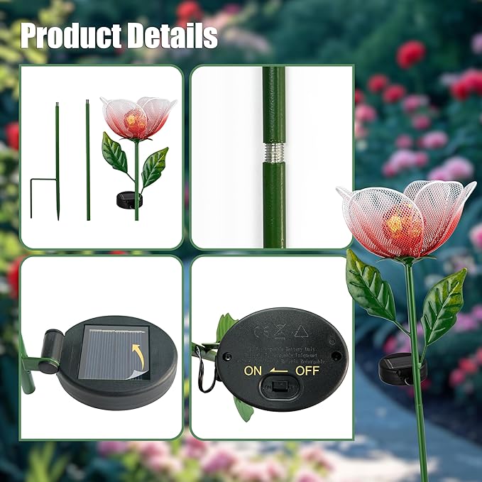 Solar Lights Outdoor Garden, 2 Pack Solar Powered Metal Flowers LED Breathing Light Waterproof,Solar Flowers for Outside Patio Lamp,Garden Gifts for Women,Landscape Lighting,Yard Pathway Decor