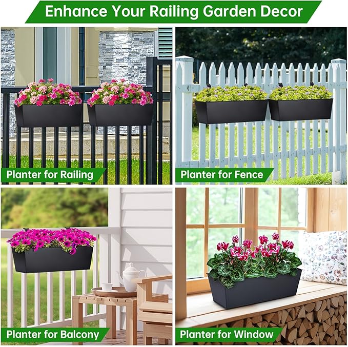 OGIMA 16-Inch Railing Planter Box, 3 Pack Large Hanging Planters for Outdoor Plants with Adjustable Wide Hooks for 2.7'' Railings - Balcony Planters Railing Hanging for Deck, Fence & Patio Decor