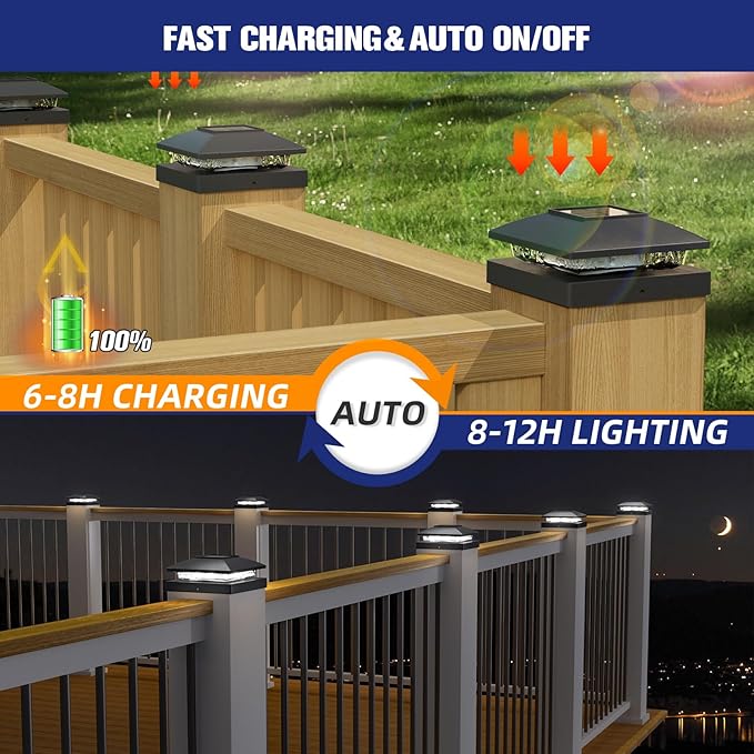 APONUO Solar Post Cap Lights for 4x4 Wood & Vinyl Posts, IP44 Waterproof Cool White LED 4x4 Post Solar Lights, Outdoor Garden Patio Yard Decor, 12 Pack (Black)