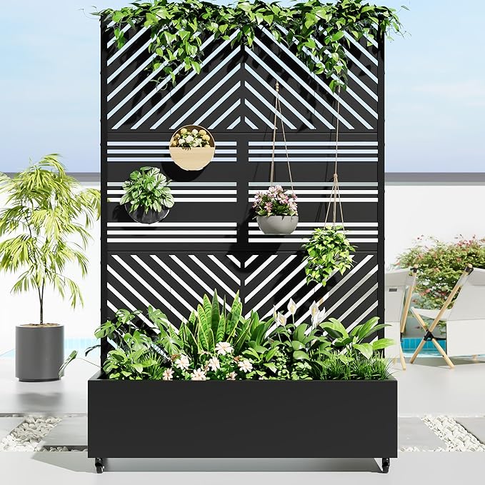 Casaphoria Metal Raised Garden Bed with Trellis and Wheels, 72"x47"x16" Planter Box for Climbing Plants, Vegetables & Vines, Features Drainage Holes and Privacy Screen, Black(Parallel&Harold)
