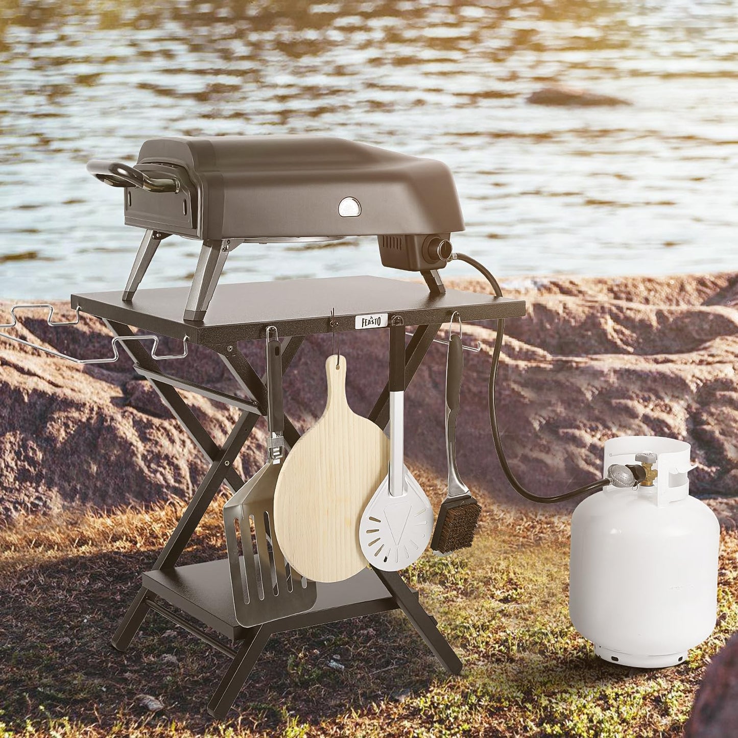 Folding Grill Table with Extra Storage Bottom Shelf, Indoor & Outdoor Prep Table with Garage Rack & Tissue Holder, Pizza Oven Stand for Pizza Oven & Blackstone Griddle, 30" x 24", Black