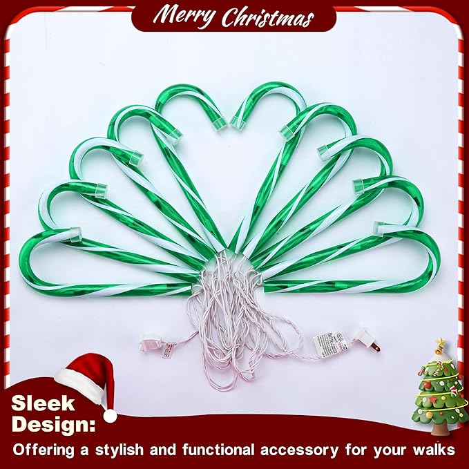 10" 10 Pack Christmas Candy Cane Lights, Candy Cane Lights with 10 Stakes for Walkway Patio Yard Patio Garden Festival Holiday Outdoor Indoor Landscape Path, Christmas Decorations Outside, Green